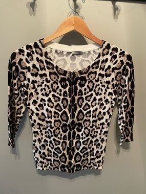 Neiman Marcus Black & Cream Leopard-Print Zip Front Top Size Small